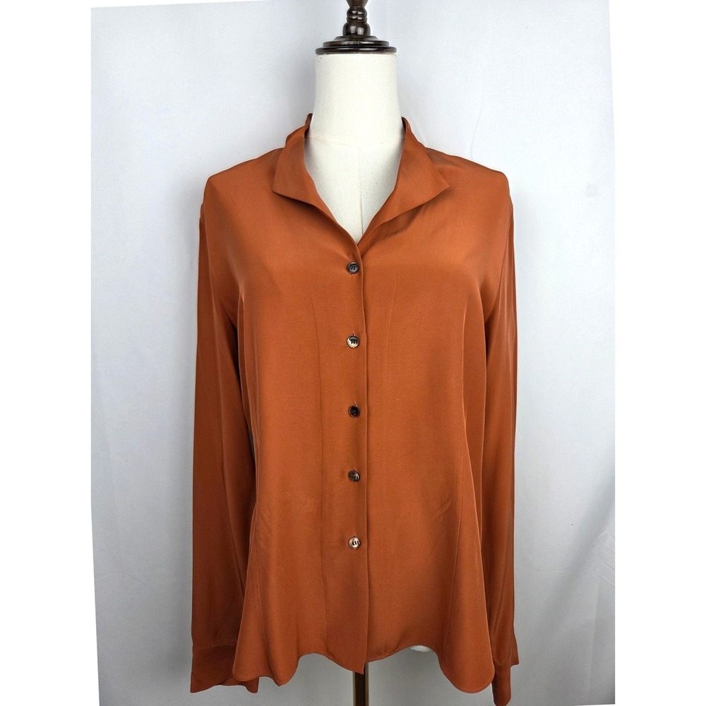 Lafayette 148 New York Blouse Sz 6 Pumpkin Orange 100% Silk Button Down Luxury
